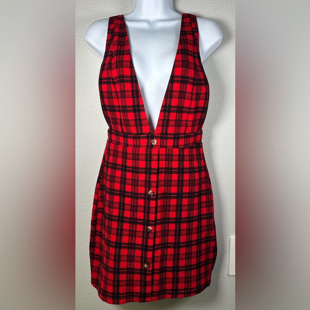 SHEIN Women’s Red Plaid Overall Dress Size Small - Picture 3 of 9